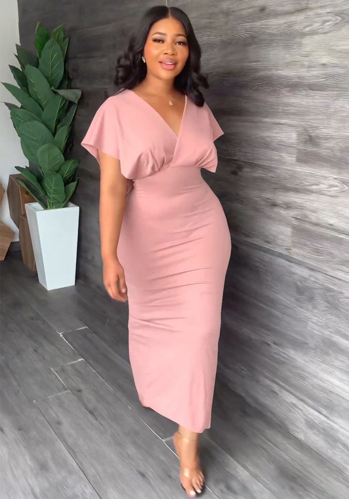 Robe Midi à Manches Courtes et Décolleté en V Fendue pour Femme