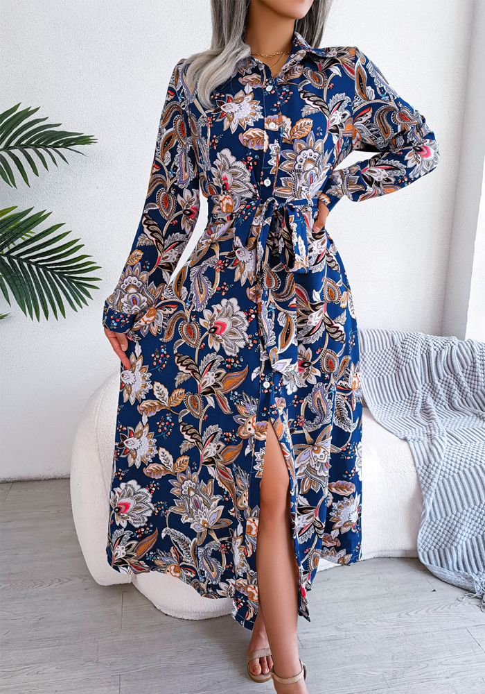Robe Chemise à Col Rabattu Floral Vintage pour Femmes