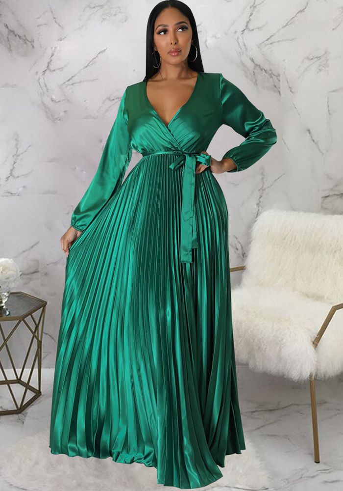 Robe plissée à manches ballon et décolleté en V pour femmes en automne