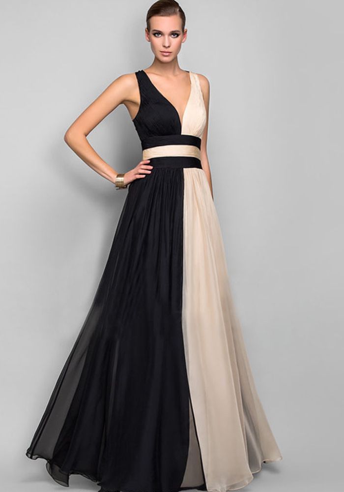 Robe de Soirée Longue Sans Manches en Chiffon Contrasté pour Femmes