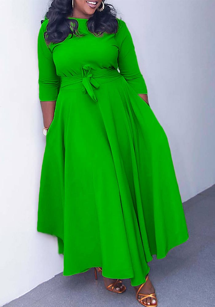 Robe Maxi Chic Solide à Manches Longues Ceinturée pour Femmes Automne Hiver Grande Taille Africaine