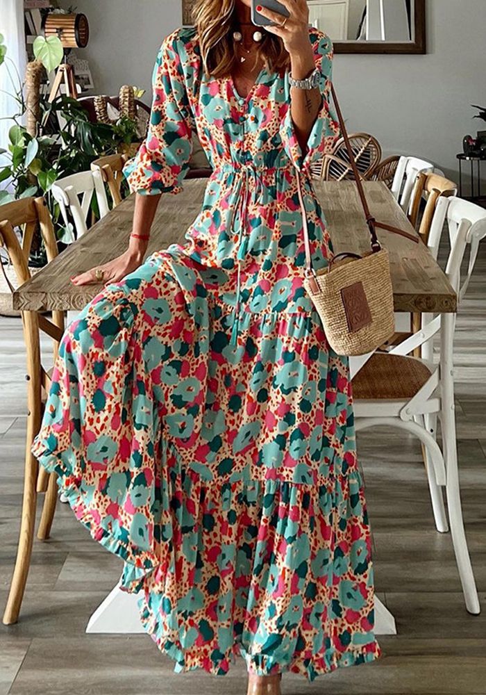 Robe Maxi Imprimée Loose à Manches Longues et Col V pour Femmes d'Automne