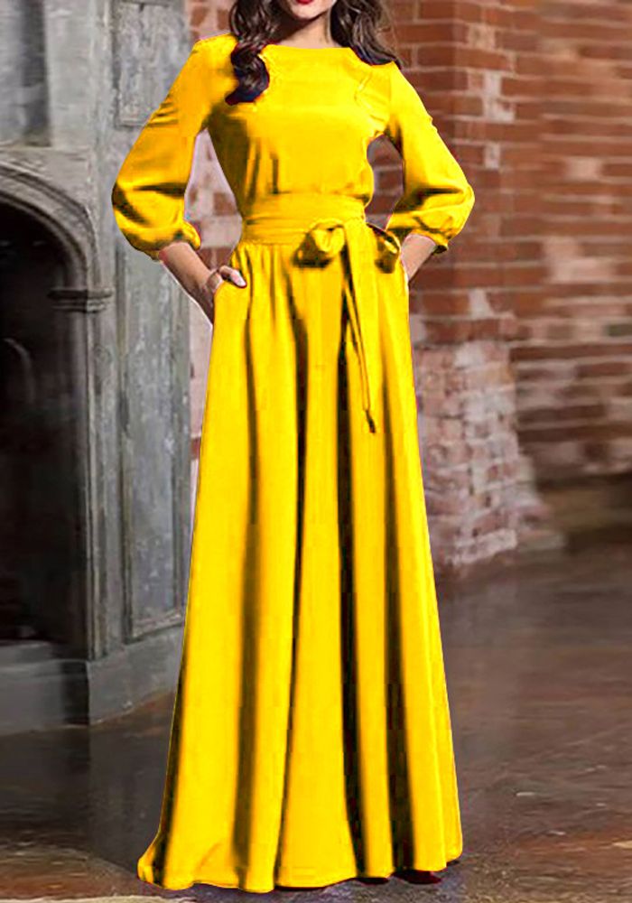 Robe Longue Unie Bohémienne à Col Rond pour Femmes Printemps