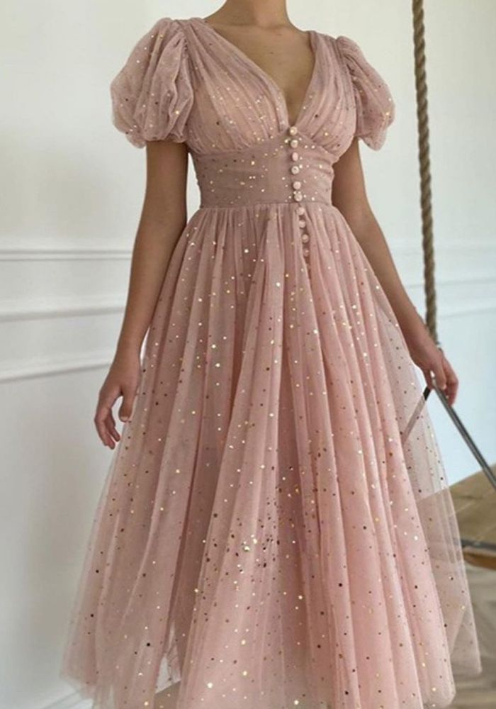 Robe en maille scintillante à manches lanternes pour femmes avec décolleté en V
