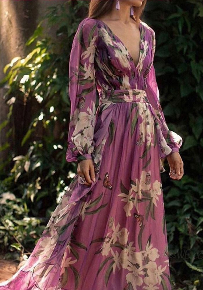 Robe imprimée à manches longues et décolleté en V pour femmes