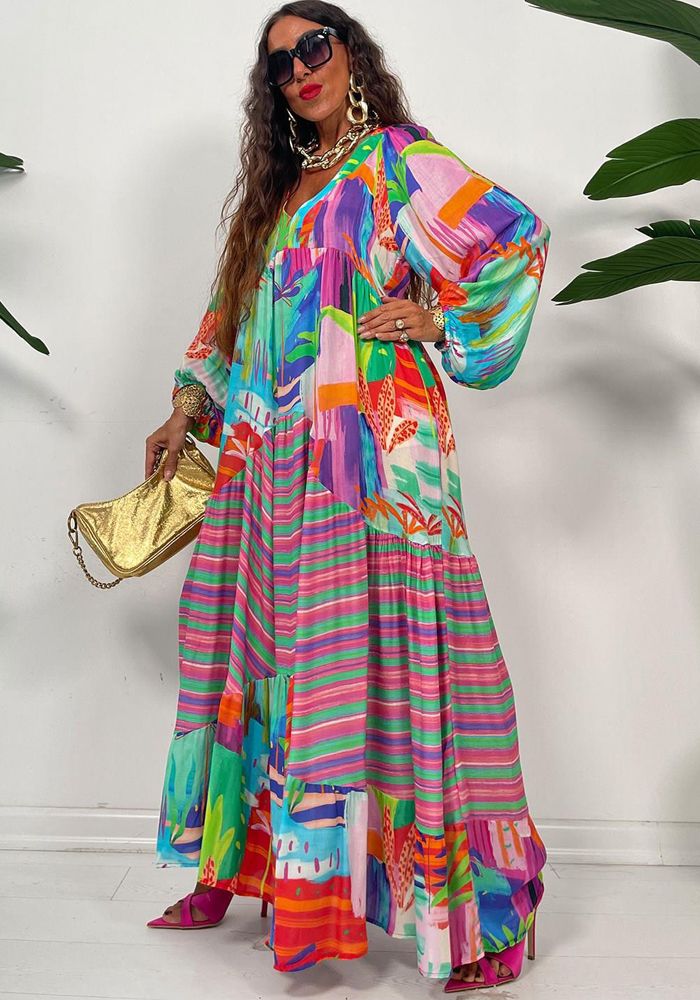 Robe Longue Ample à Imprimé Vintage à Col V pour Femmes