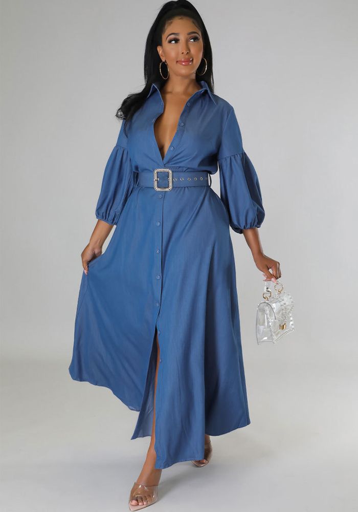 Robe Chemise en Jean Bleu à Manches Longues pour Femmes Automne