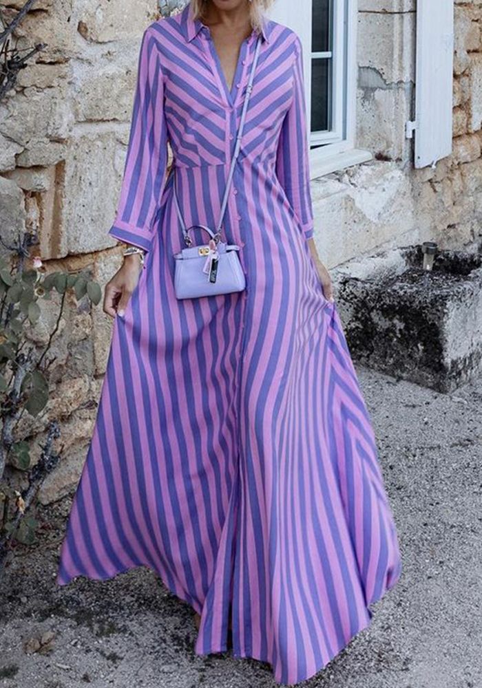 Robe longue à manches longues pour femmes d'automne, mode chic à rayures