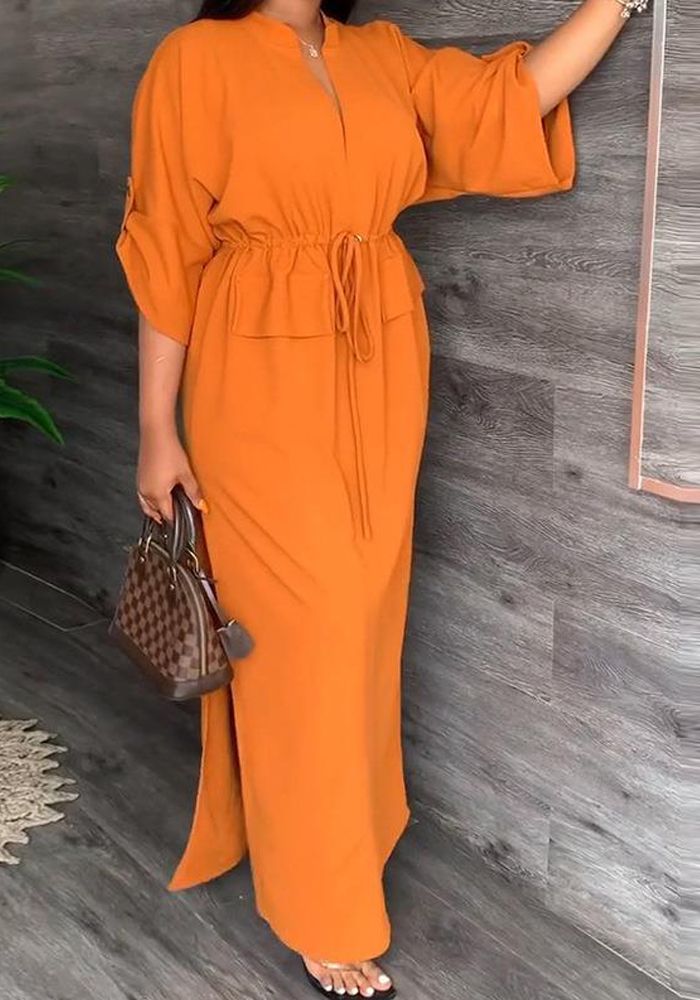 Robe Maxi Unie à Col Montant Fendue pour Femmes - Mode Décontractée Automne
