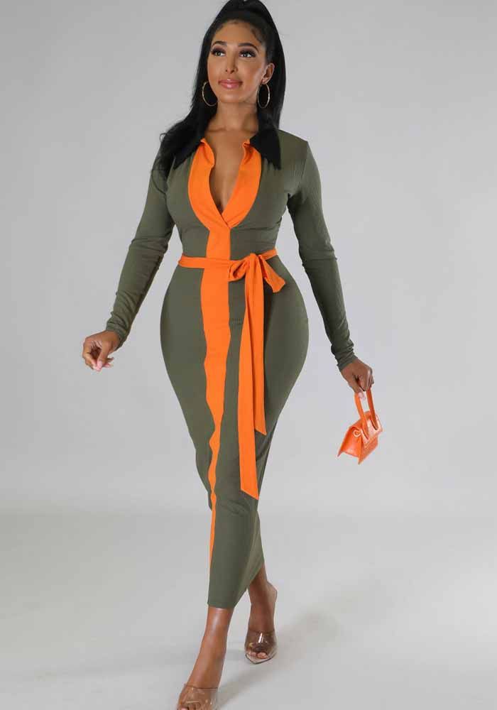 Robe Longue à Manches Longues Contrastée avec Ceinture pour Femmes Automne