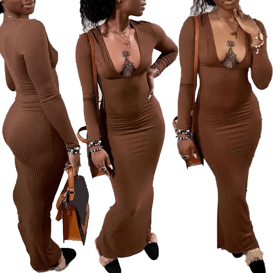 robe midi ajustée à manches longues côtelées automne hiver pour femmes