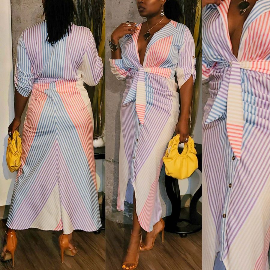 Robe Chemise Longue à Manches Longues à Rayures et Bloc de Couleurs pour Femmes