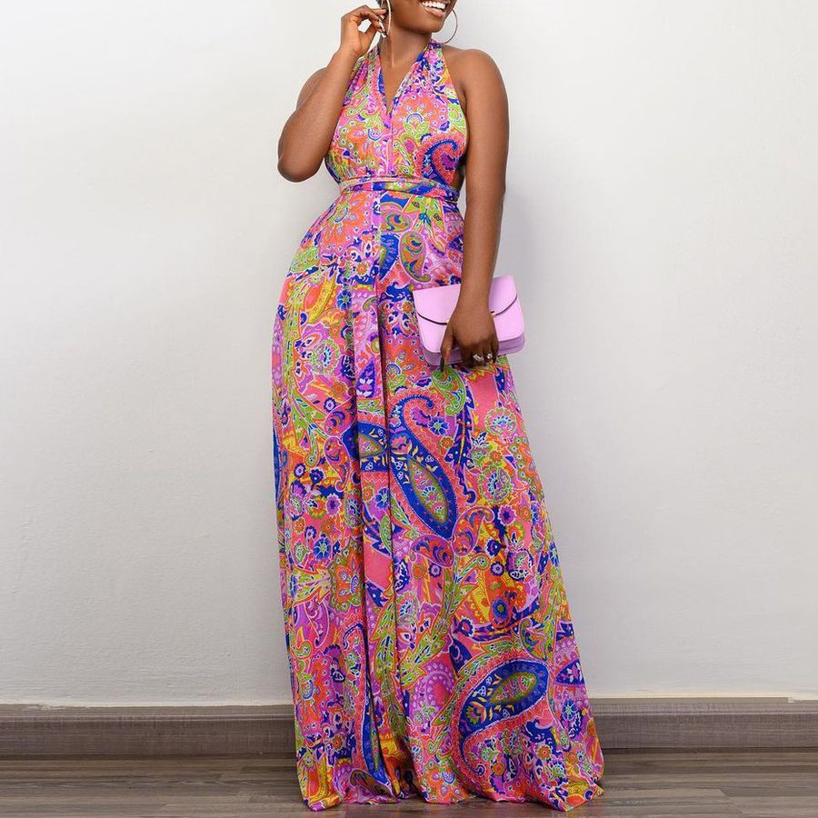 Combinaison de Plage à Col Halter Imprimé Africain Grande Taille pour Femmes