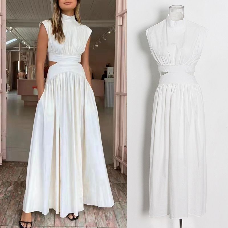 Robe Maxi Décontractée Été Simple Col Montant Sans Manches Découpe Couleur Unie
