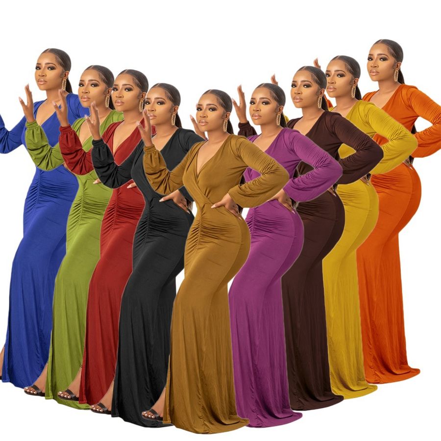 Robe Longue Femme Casual à Manches Longues V-Cou Uni