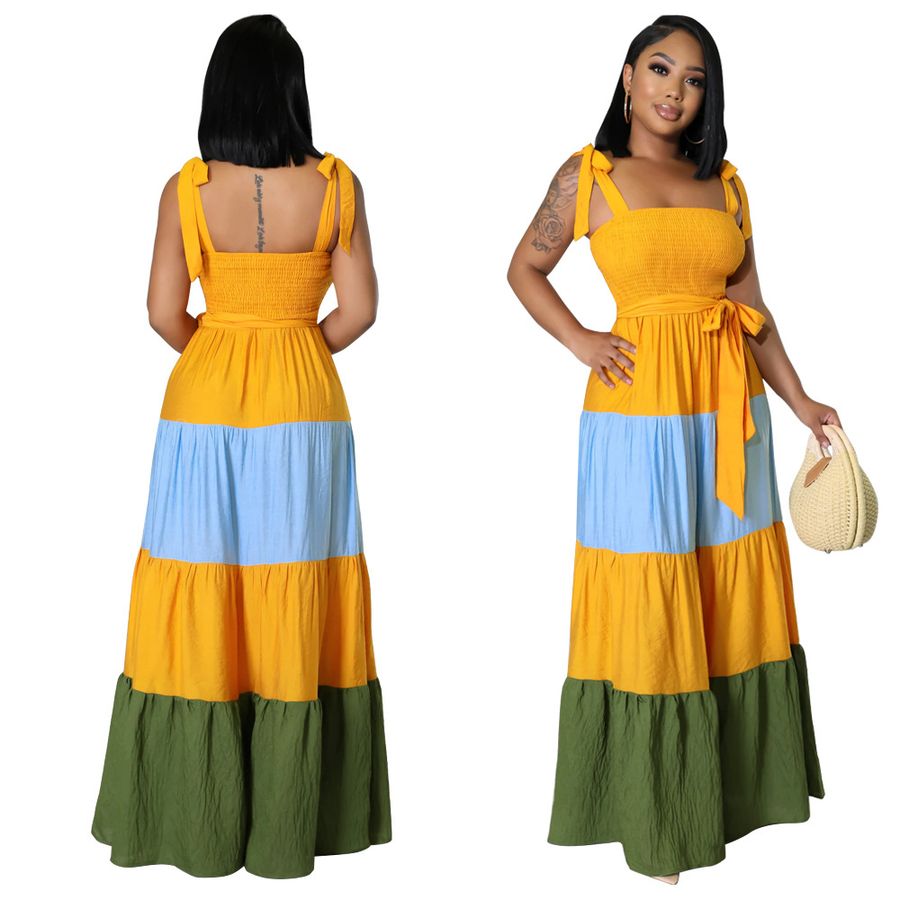 Robe Maxi Sans Manches à Lacets Contrastée pour Femmes en Été