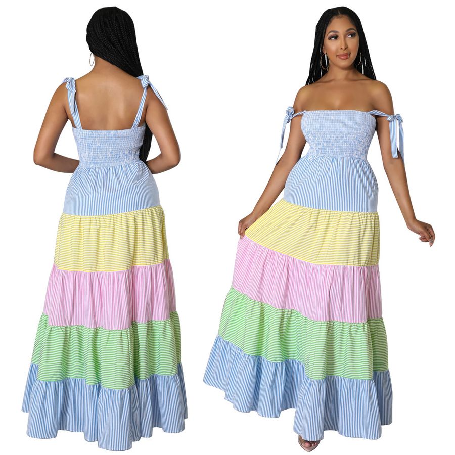 Robe Maxi à Bretelles Rayées Contrastées pour Femmes