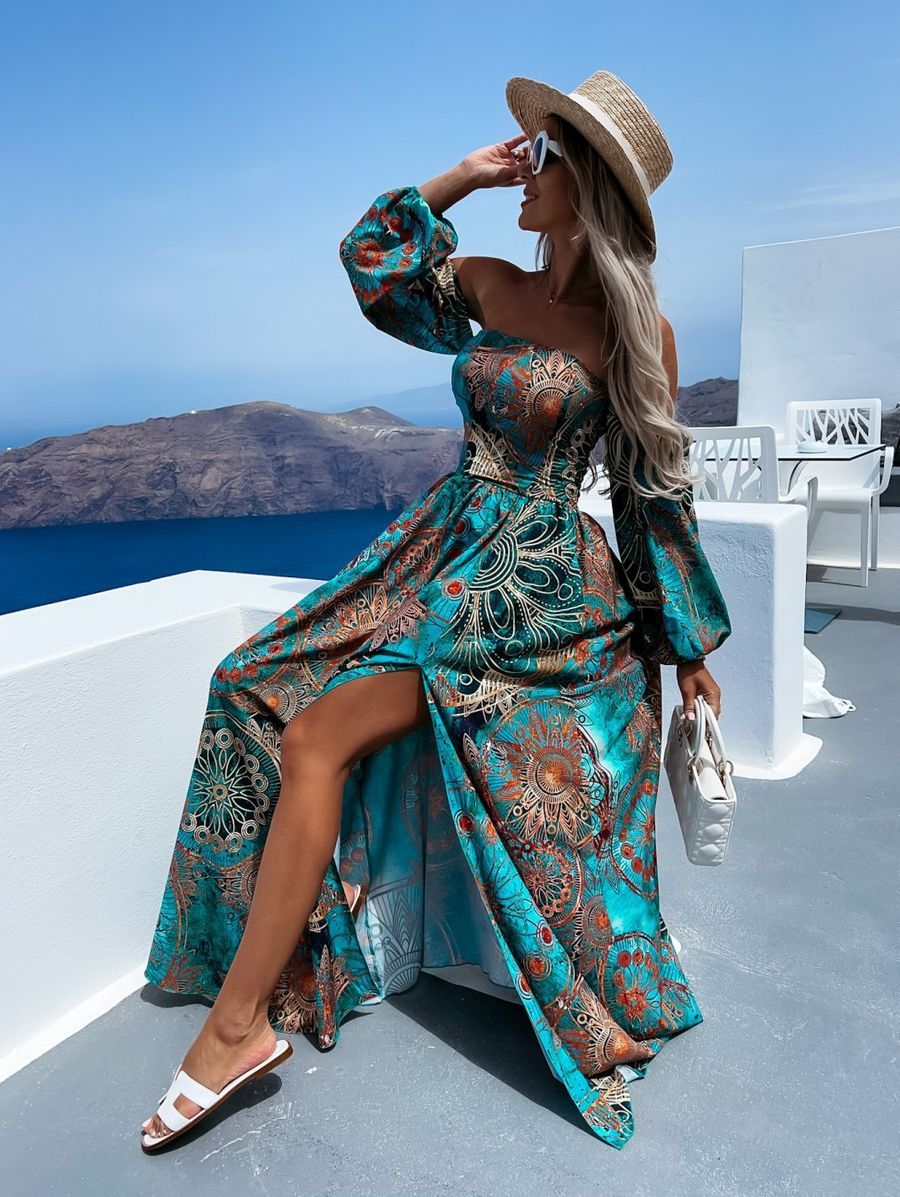 Robe Longue Imprimée Sans Épaules à Manches Longues