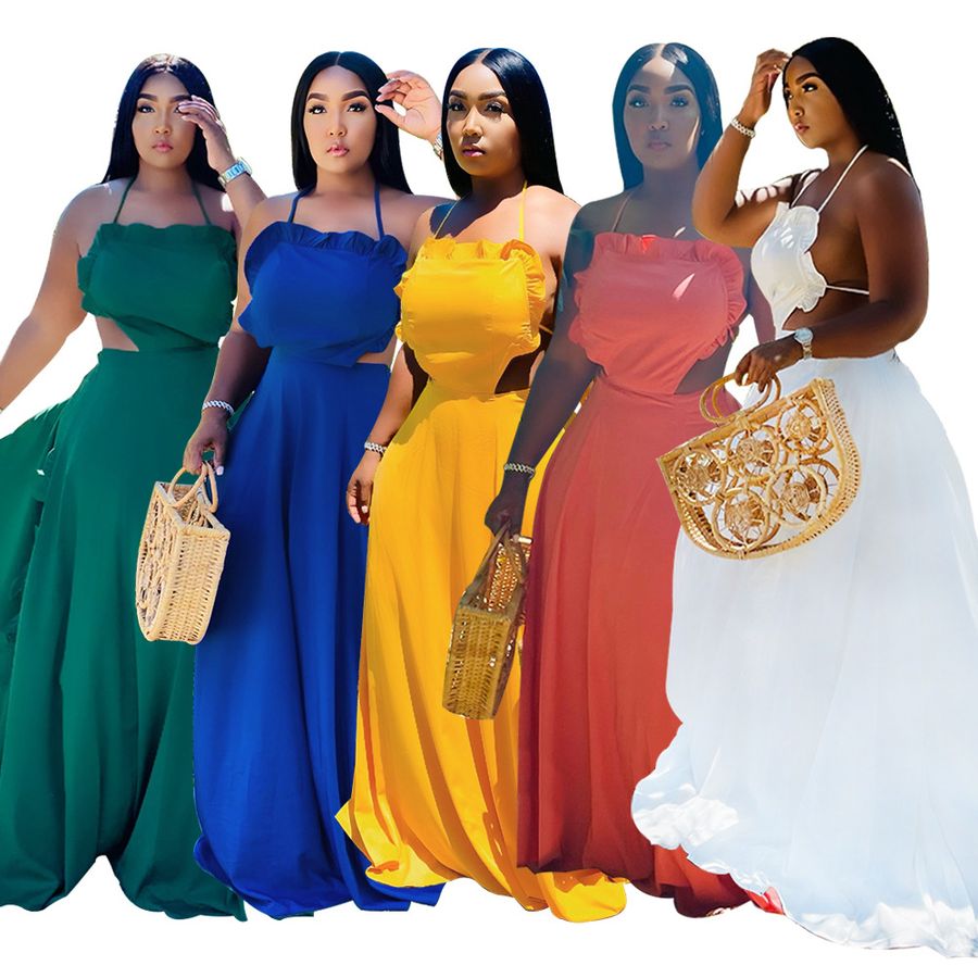 Robe Maxi Sans Manches à Col Halter avec Volants Sexy Dos Nu
