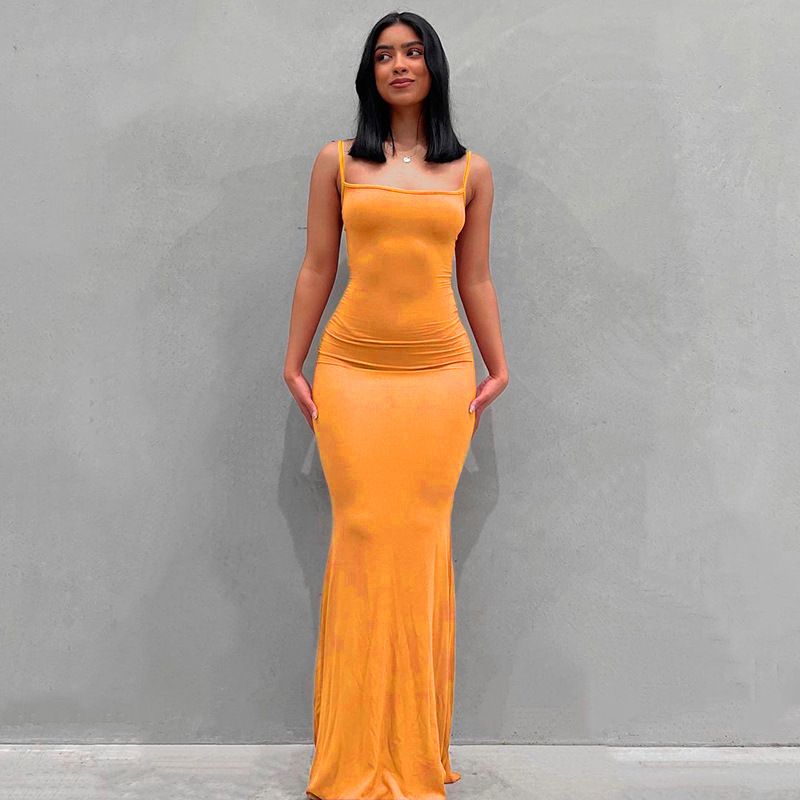 Robe Longue Décontractée à Bretelles Fines Unies pour Femmes