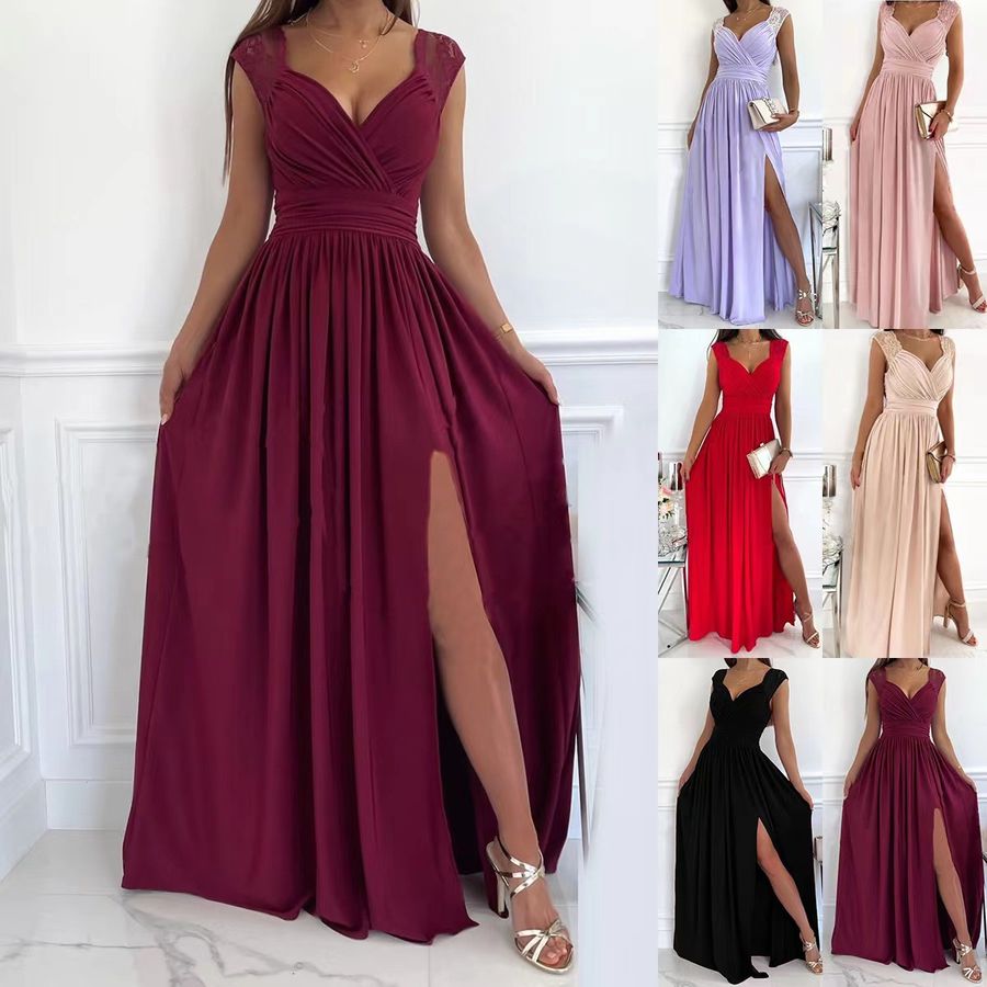 Robe sans manches en dentelle pour femmes avec dos nu et fente