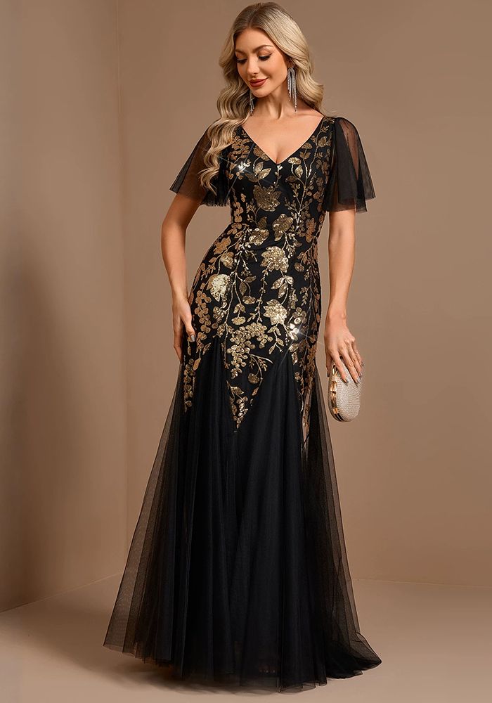 Robe de Soirée Maxi A-Line à Manches Courtes en Maille Pailletée à Double Col V pour Femmes - Printemps Été