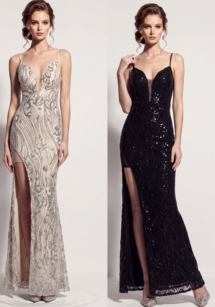 Robe de Soirée Maxi Chic à Paillettes à Décolleté en V Profond et Fente Haute pour Femme