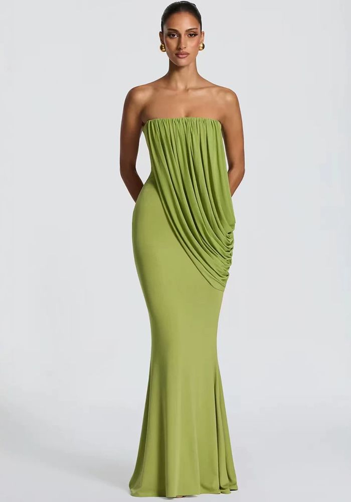 Robe Bodycon Sans Bretelles pour Femmes avec Tulle Drapé et Ruching Asymétrique