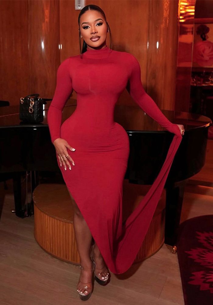 Robe Femme Solide à Col Montant Asymétrique