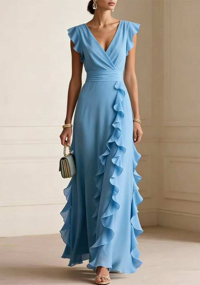 Robe en chiffon à manches courtes plissée et col en V pour femmes