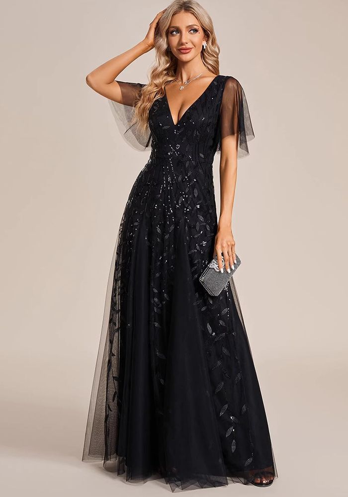 Robe de soirée formelle en maille à sequins pour femmes à col en V (le temps de traitement nécessite 3-6 jours)