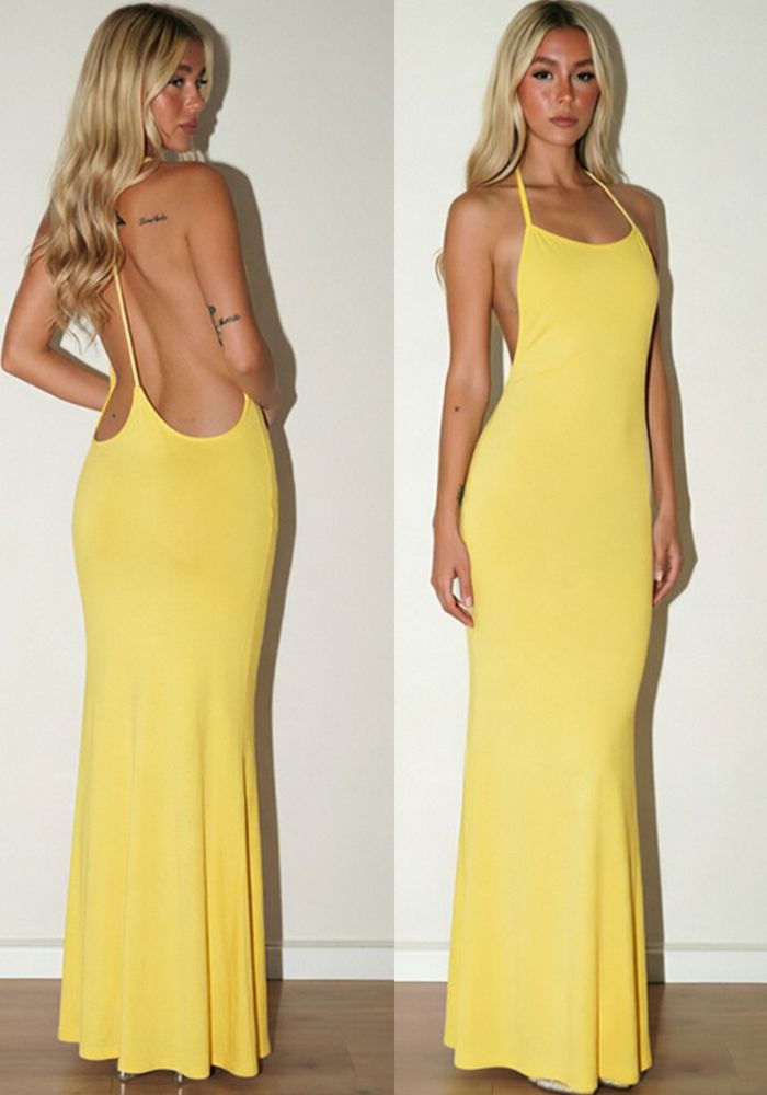 Robe Fishtail Sans Manches Dos Nu Halter Femme Automne Unie Décontractée
