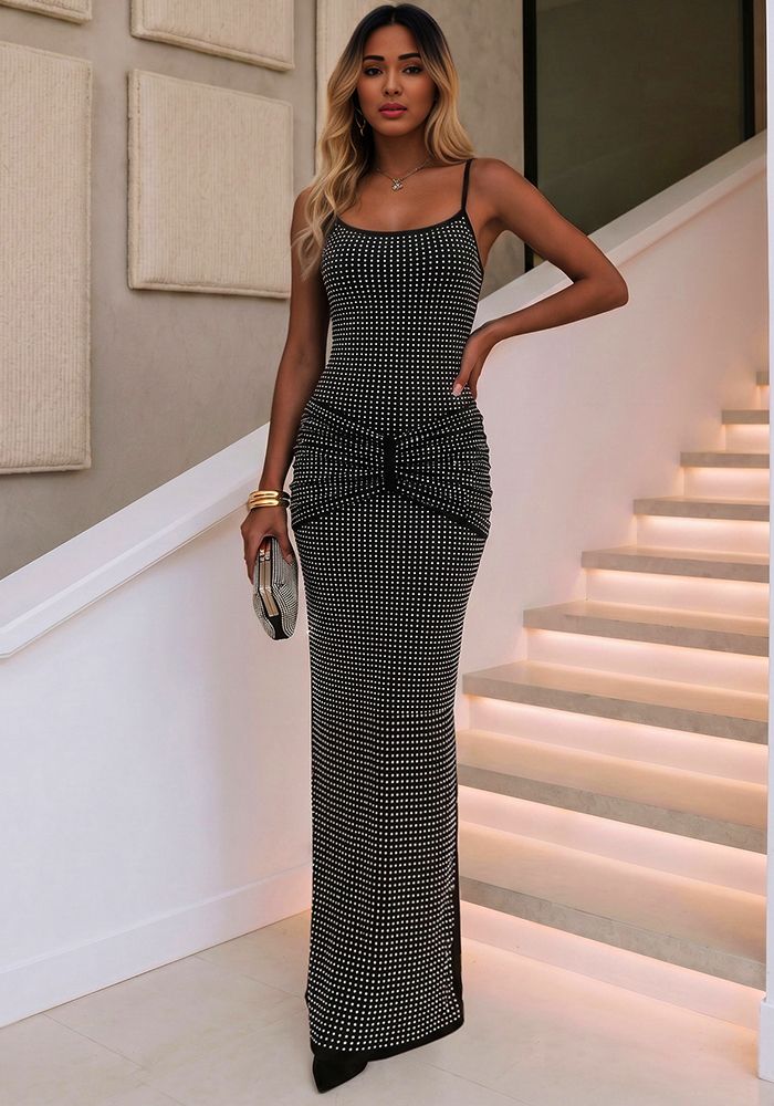 Robe de Soirée Maxi Slim avec Bretelles Perles et Nœud à la Taille