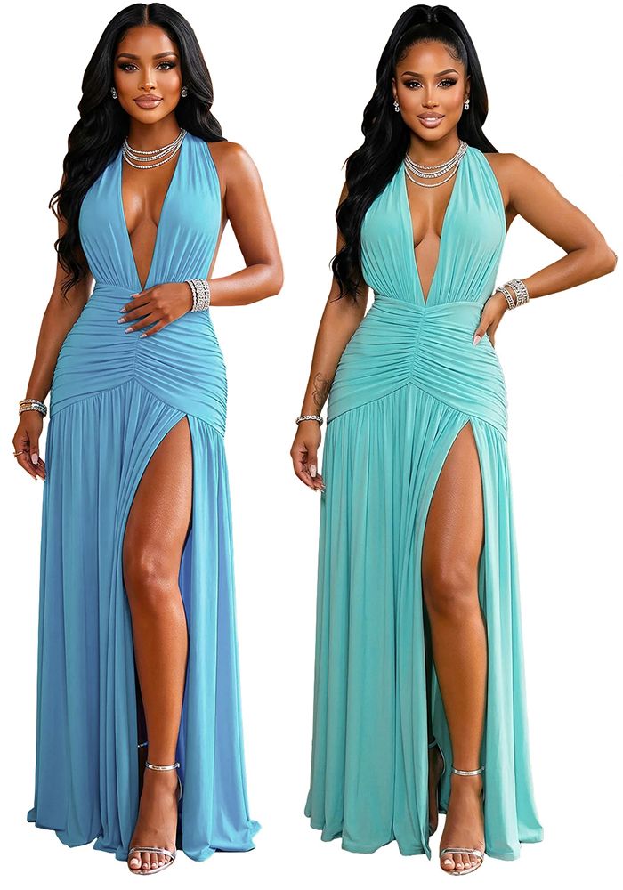 Robe Maxi de Soirée à Décolleté en V Profond et Col Halter pour Femme avec Fente Haute