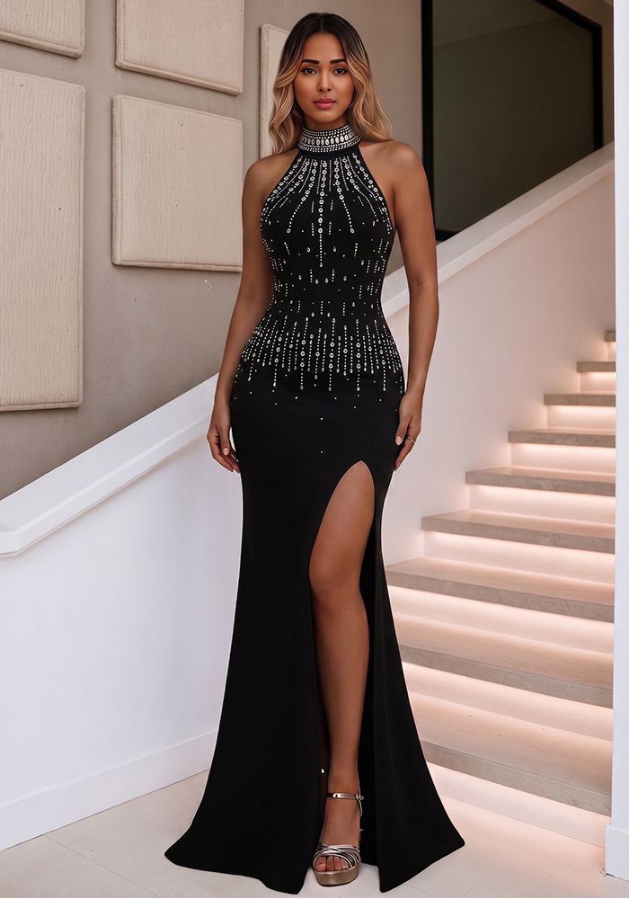 Robe de Soirée Sirène Sans Manches à Col Haut avec Fente Avant Ornées de Perles