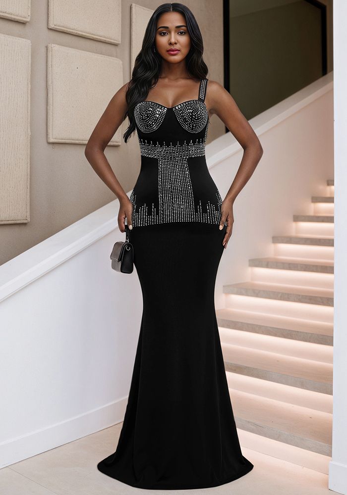 Robe de Soirée Sirène Slim à Dos Nu avec Bretelles Larges en Perles