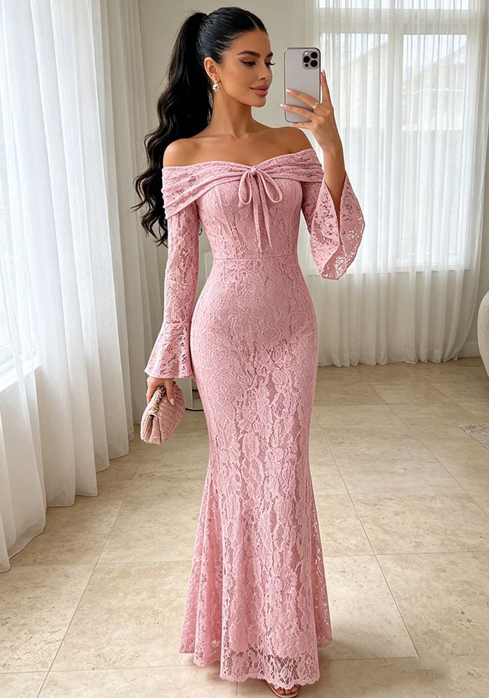 Robe de Soirée Bodycon en Dentelle à Manches Longues Off Shoulder pour Femmes Automne/Hiver