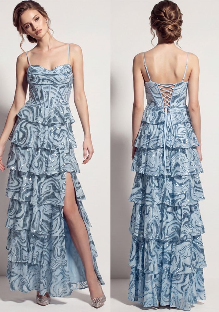 Robe Maxi de Soirée à Lacets en Dentelle et Sequins pour Femmes
