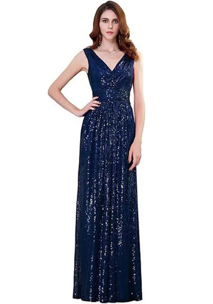 Robe Maxi Formelle Sans Manches V-Neck à Taille Fine pour Femmes avec Sequins (Délai de traitement de 3 à 6 jours)