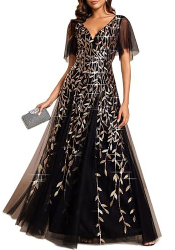 Robe Maxi de Soirée Formelle à Manches Volantes en Sequins pour Femmes (Délai de traitement de 3 à 6 jours)