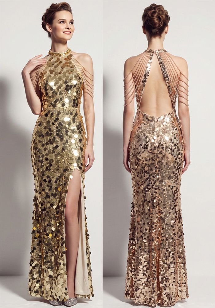 Robe de Soirée Formelle Femme à Dos Nu en Halter avec Paillettes et Fente
