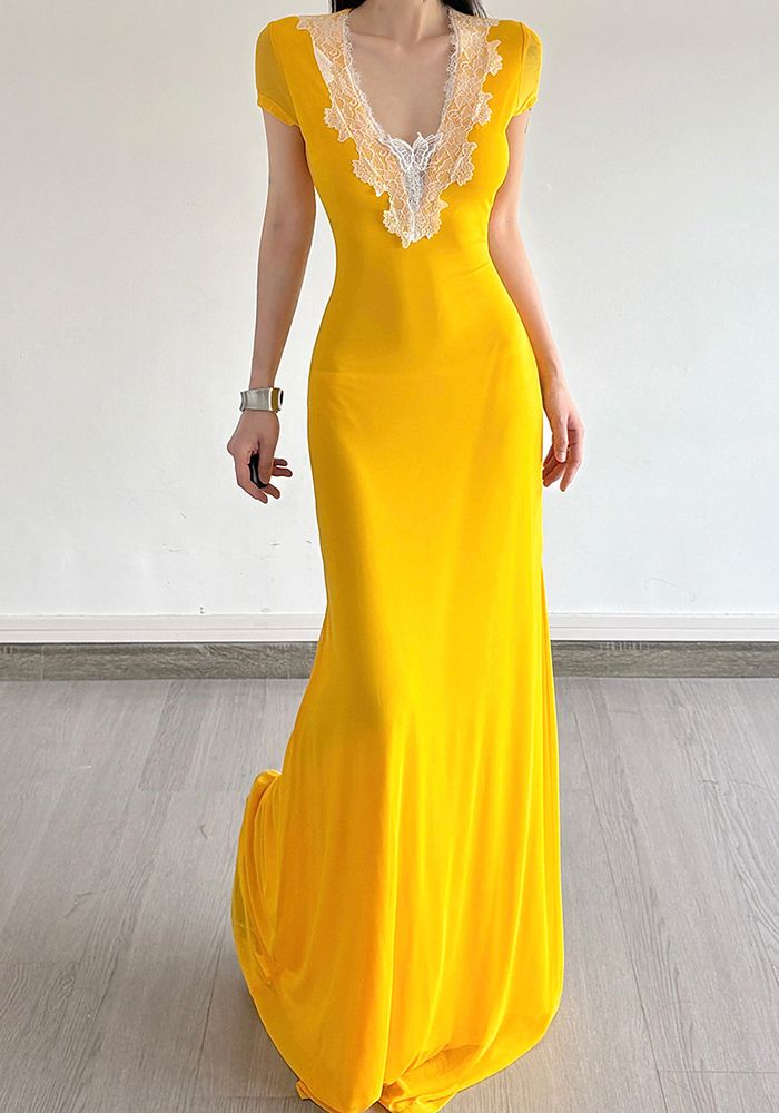 Robe Maxi Élégante en Dentelle à Panneaux pour Femmes en Viscose avec Fishtail