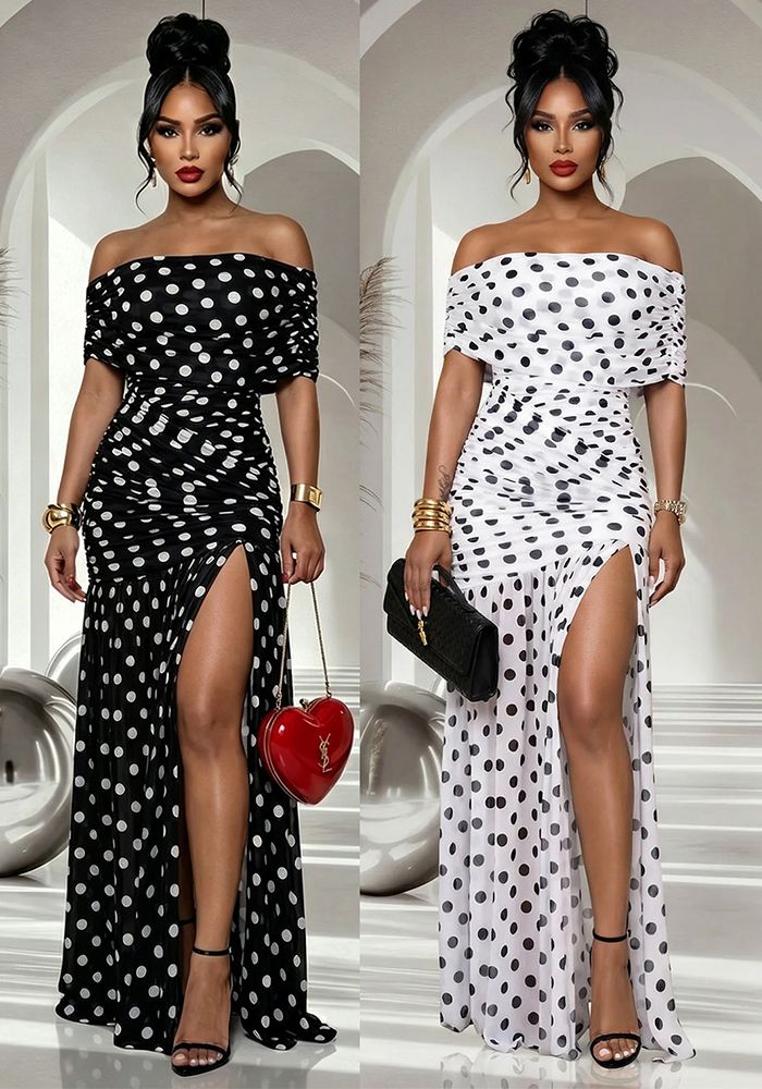 Robe Bodycon à Pois avec Fente Plissée pour Femmes