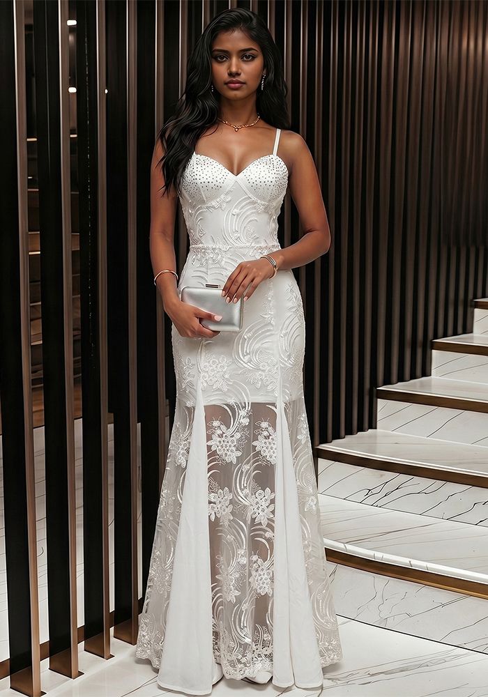 Robe de Soirée Maxi Blanche à Bretelles en Dentelle Perlée