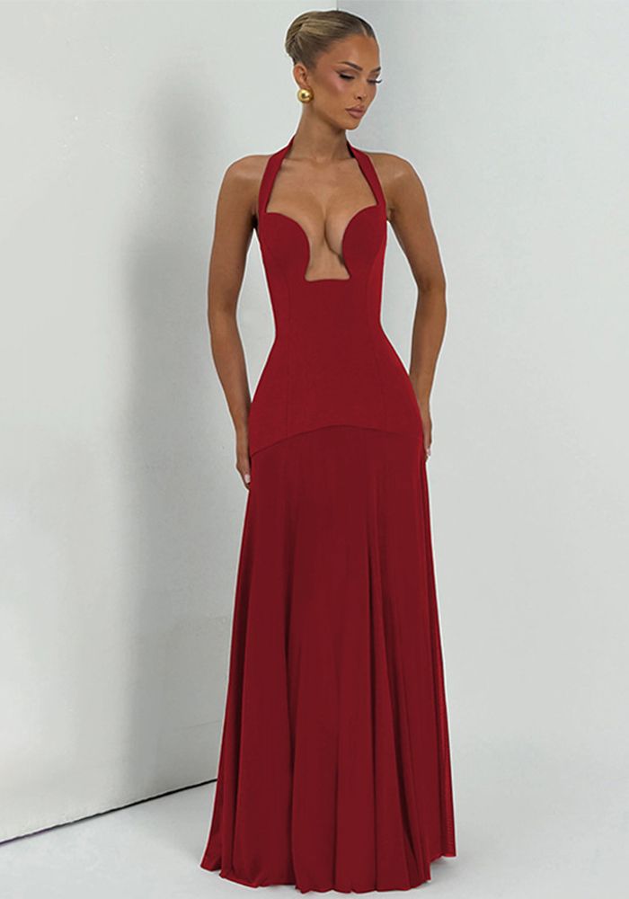 Robe Femme d'Été à Col Halter V-Neck Dos Nu en Tulle Patchwork