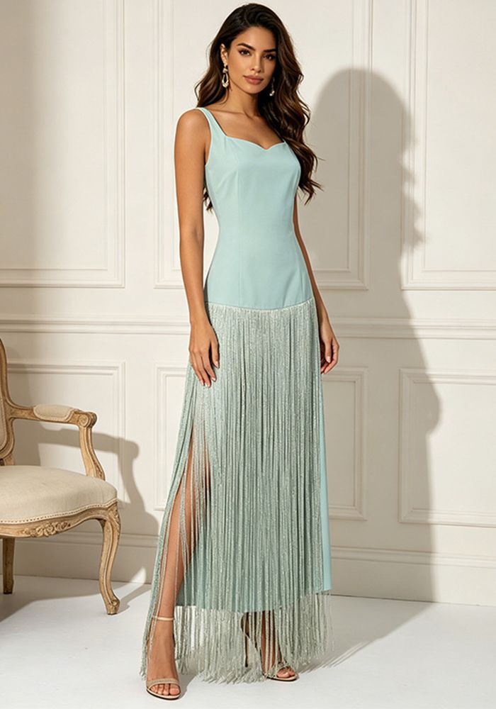 Robe Maxi Sans Manches Femme Soirée à Franges Patchwork Décolleté Coeur