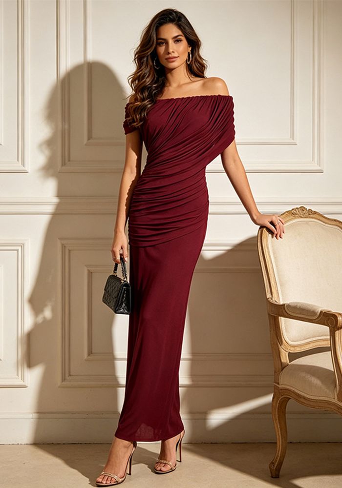 Robe Maxi Plissée Off-Shoulder pour Femmes Robe Bodycon à Manches Courtes