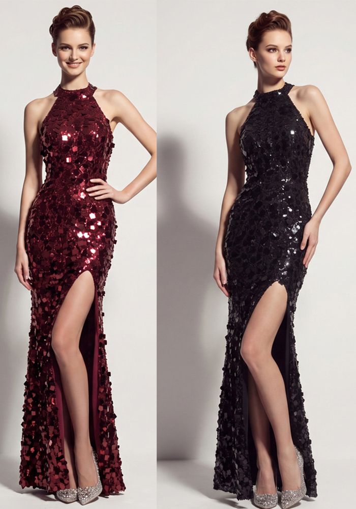 Robe de Soirée Élegante à Dos Nu en Sequin avec Fente Slim Fit pour Mariage