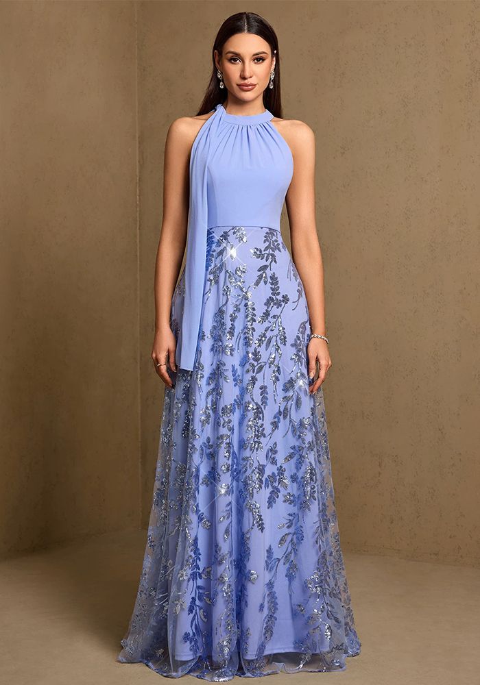 Robe de soirée formelle à encolure halter en satin avec nœud en ruban, patchwork, plissée et brodée pour l'été/automne
