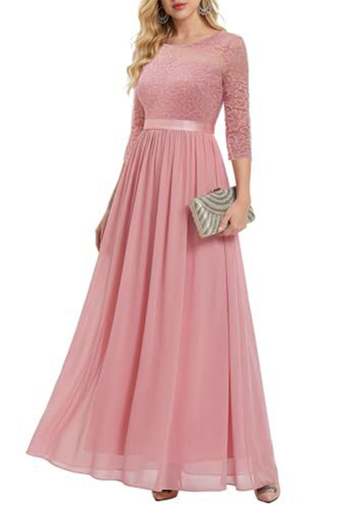 Robe de Soirée Slim Taille en Chiffon à Manches Trois Quarts en Dentelle pour Mariée (Délai de traitement de 3 à 6 jours)